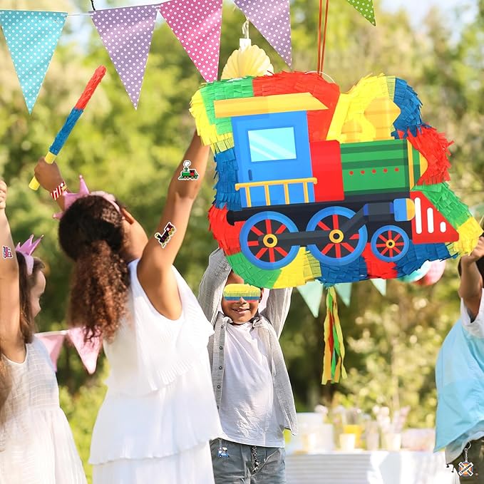 3D Train Pinata Set, Train Themed Birthday Party Game Supplies, Include Stickers Stamps Keychains Slap Bracelets, Train Party Decorations for Kids, Train Pinata for Boys Birthday Party Favors