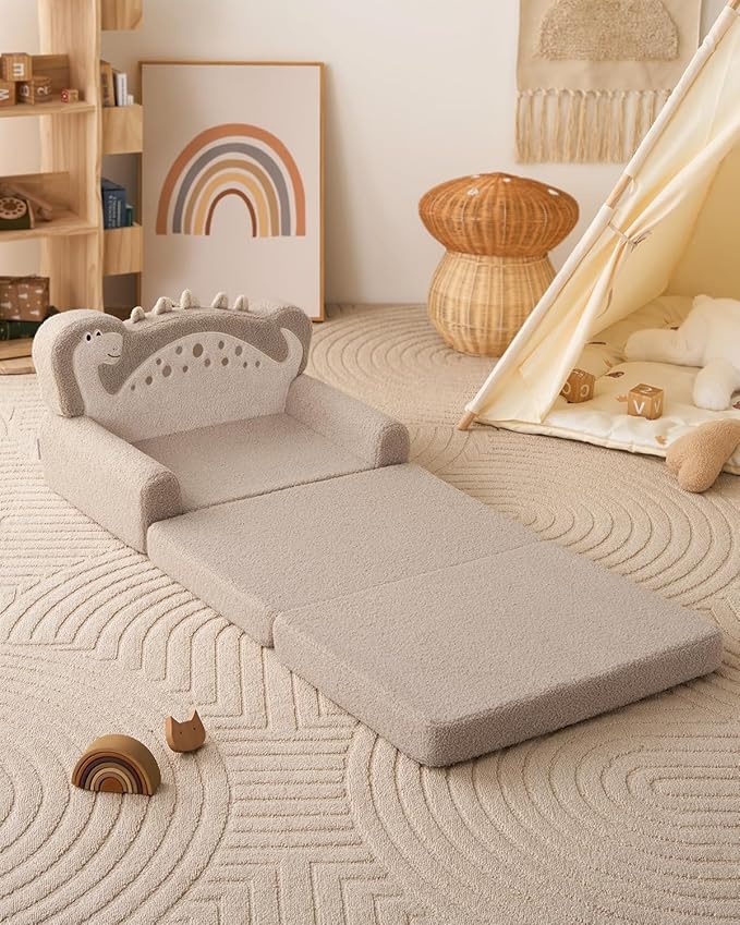 Blissful Diary Kids Couch, 2-in-1 Soft Toddler Couch Fold Out, Toddler Chair Comfy, Convertible Sofa to Lounger with Cute Dinosaur Designs, Pale Khaki