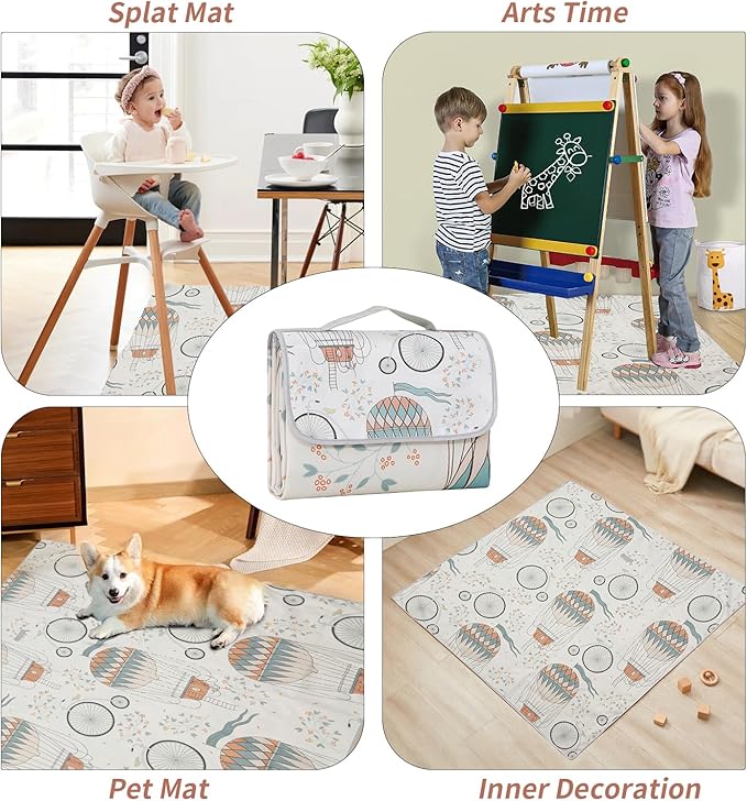Insular Baby Splat Mat for Under High Chair/Arts/Crafts, Anti Slip and Waterproof Splash Mat for Floor, Portable Picnic Mat, 51x51 Inch, Hot Air Balloon