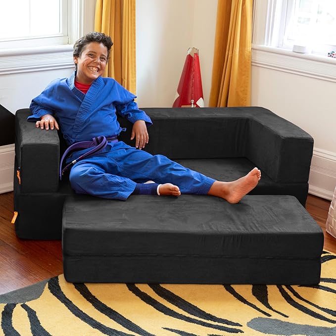 Jaxx Zipline Kids Sofa & Large Ottoman 3 in 1 Fold Out Sofa, Big Kids Edition Black