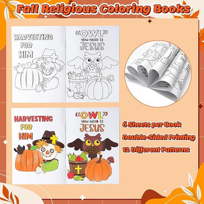 24Pcs Fall Religious Coloring Books - Christian Bible DIY Color-in Pages Booklet Bulk Drawing Autumn Theme Activity Party Supplies for Sunday School Classroom Rewards Artwork Gift for Kids