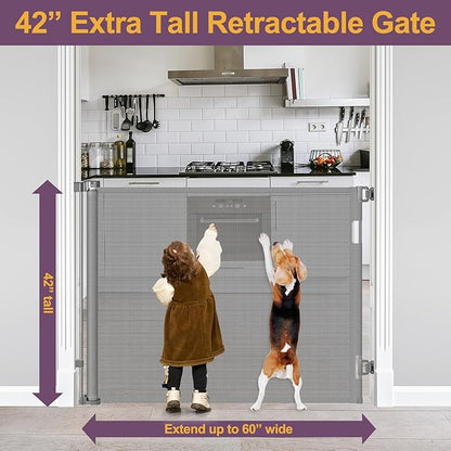 42" Tall X 60" Wide Retractable Pet Gates for Doorways Extra Tall Baby Gates for Dogs Tall Mesh Dog Gate Tall Retractable Gates for Baby and Pet Indoor Outdoor Mesh Cat Gate (Gray)