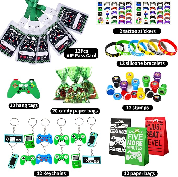 102 Video Game Party Favors Birthday Supplies Silicone Bracelet VIP Pass Holder Stamper Keychain Tattoo Stickers Goodie Bag Fillers Gaming on Toy Gift Kid Boy Gamer Party Favors