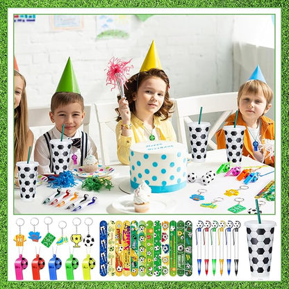 122 Pcs Soccer Party Favors Set Soccer Goodie Bags Stuffers Includes Cups with Straw Mini Stress Ball Keychains Slap Bracelets Whistles Stickers Pens for Birthday Party Supplies