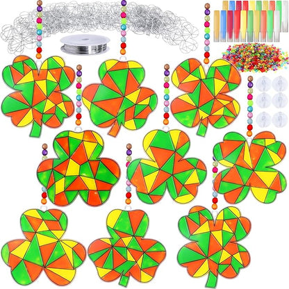 Qyeahkj 32 Sets St. Patrick's Day Suncatcher Crafts Kit for Kids DIY Shamrock Window Paint Suncatcher Arts Crafts Window Ornament Decor for St. Patrick's Day Gift Classroom Art Project Gift Favor