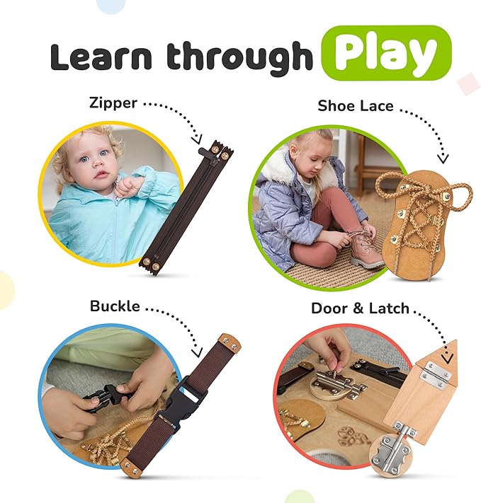 Busy Board Montessori Toys for Toddlers, Sensory Wooden Toy with 10 Preschool Learning Activities for Fine Motor Skills, Educational Plane and Car Travel Toy for Toddlers Boys and Girls
