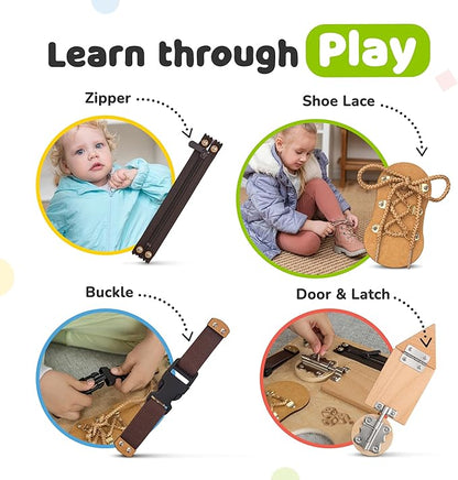 Busy Board Montessori Toys for Toddlers, Sensory Wooden Toy with 10 Preschool Learning Activities for Fine Motor Skills, Educational Plane and Car Travel Toy for Toddlers Boys and Girls