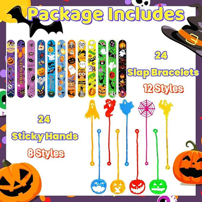 48 Pcs Halloween Treats Non Candy for Kids Sticky Hands and Slap Bracelets Halloween Party Favors Toys Goodie Bag Stuffers (Halloween-48 Pack)