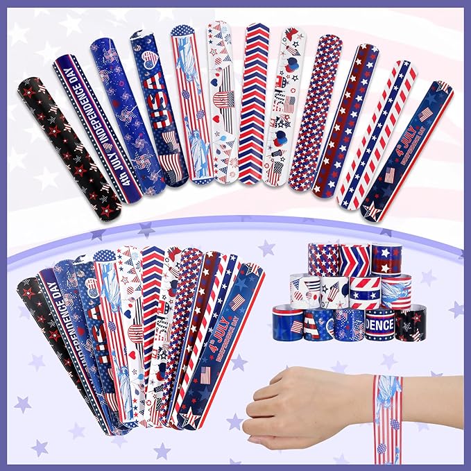 MGparty 48pcs 4th of July Slap Bracelets Toys for Kids 4th of July Party Favors Supplies Patriotic Accessories Decorations