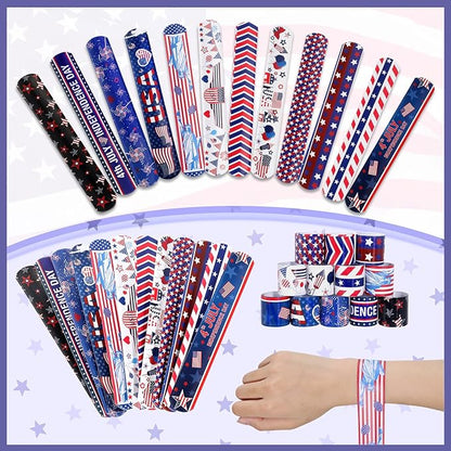 MGparty 48pcs 4th of July Slap Bracelets Toys for Kids 4th of July Party Favors Supplies Patriotic Accessories Decorations