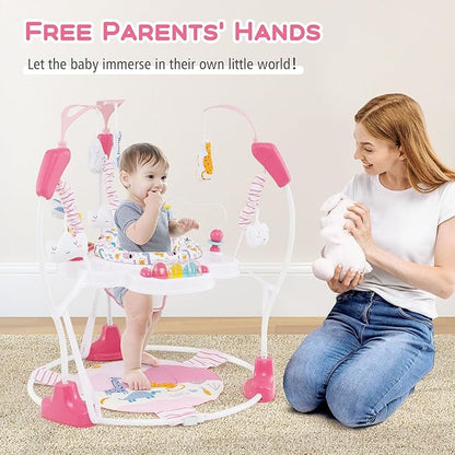 INFANS Baby Activity Center, 3 in 1 Play Center Jumpers and Bouncers with Music, Lights, Interactive Toys, 360°Rotating Seat, 3 Adjustable Heights, Exersaucer Learning Toys for Baby 6-12 Months (Pink)
