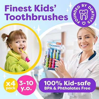 Kids Toothbrush 4 Pack - Soft Bristles with Suction Cup - Toothbrush Kids, Child Sized Brush Heads, 3-10 Year Old Kid Toothbrush with Easy Storage - Toddler, Girl and Boy Set (4-Pack, Multi-Color)