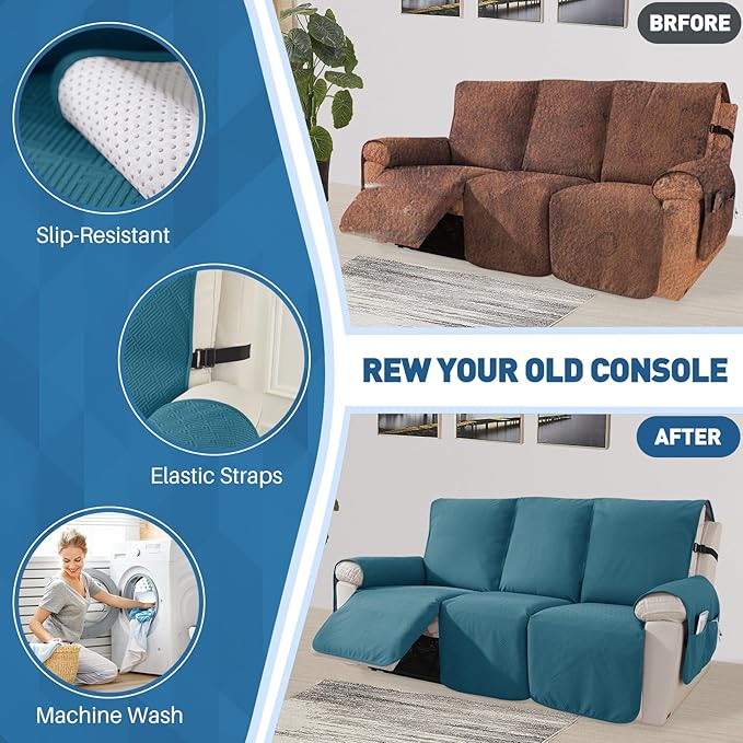 Easehomey Waterproof Recliner Sofa Cover Non-Slip couch cover recliner sofa 3 section with Elastic Band Two Pockets, Washable Couch Covers Furniture Protector for Kids,Dogs(Peacock Blue,Recliner Sofa)
