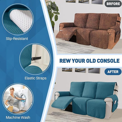 Easehomey Waterproof Recliner Sofa Cover Non-Slip couch cover recliner sofa 3 section with Elastic Band Two Pockets, Washable Couch Covers Furniture Protector for Kids,Dogs(Peacock Blue,Recliner Sofa)