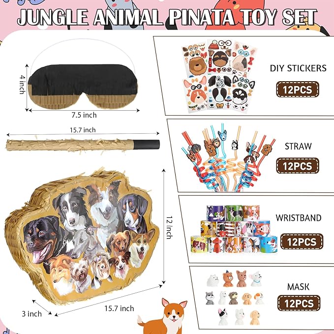 Syhood 52 Pcs Dog Party Favors for Kids Set Dog Piñata for Birthday Party Include Piñata Stick Blindfold Mask Confetti 12 Slap Bracelets 12 Dog Figures Dog 12 Sheets Sticker 12 Straws for Girl Boy