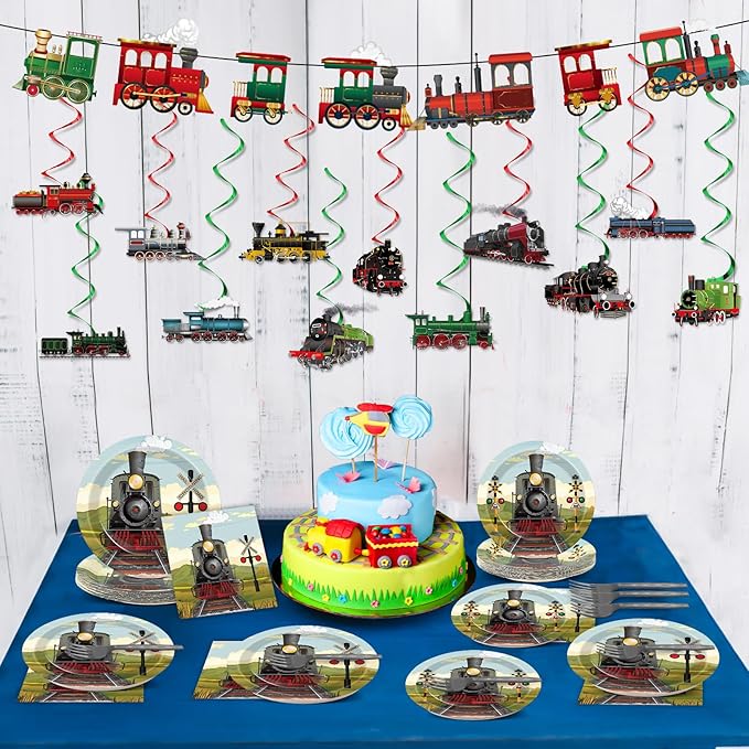 party greeting 109Pcs Train Birthday Party Supplies Includes Steam Train Party Plates Napkins Fork Retro Train Banner Hanging Ceiling Swirls for Train Transportation Baby Shower Party Decorations Set