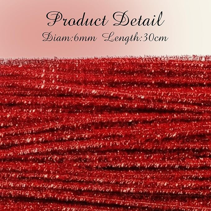 Caydo 200 Pieces Glitter Red Pipe Cleaners,Thick Fluffy Chenille Stems, Pipe Cleaner Crafts for Arts & Crafts, Perfect for Making Animals, Flowers, and Mother's Day Decorations