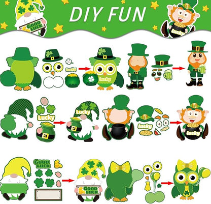 chiazllta 30 PCS St. Patricks Day Craft Kits for Kids DIY Leprechauns Shamrock Owl Gnome Sticker Craft Ornament St. Patricks Art Craft for Party Home Class School Game Activities
