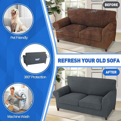 MAXIJIN 3 Piece Jacquard Couch Covers for 2 Cushion Couch Stretch Non Slip Love Seat Couch Cover for Dogs Pet Friendly Elastic Furniture Protector Loveseat Slipcovers (Loveseat, Dark Gray)