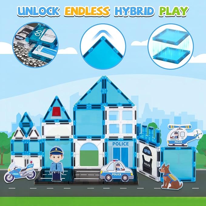 cossy Magnetic Tiles Police Set, Magnet Tiles with Policeman, Magnetic Tiles for Kids Ages 4-8, STEM Toys, Toys for 3 4 5 6 7 8 Year Old Boy and Girl, Creative Building Toys, Police