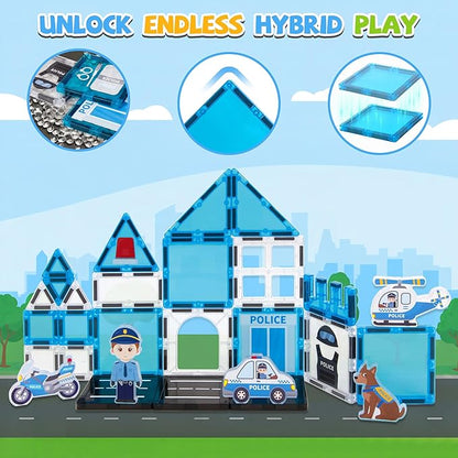 cossy Magnetic Tiles Police Set, Magnet Tiles with Policeman, Magnetic Tiles for Kids Ages 4-8, STEM Toys, Toys for 3 4 5 6 7 8 Year Old Boy and Girl, Creative Building Toys, Police