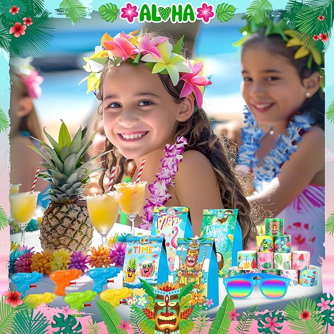 Joycover Pool Party Favors Beach Party Favors 122 PCS Hawaiian Pool Beach Party Decorations, Hawaiian Leis For Luau Party Decorations, Beach Balls, Kids Sunglasses, Pool Party Supplies, Summer Toys…