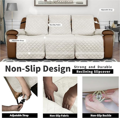 Easy-Going Oversized Recliner Sofa Cover, Reversible Couch Cover for 3 Seat Recliner, Split Sofa Cover for Each Seat with Elastic Straps for Kids, Dogs, Pets (3 Seater, Ivory/Ivory)