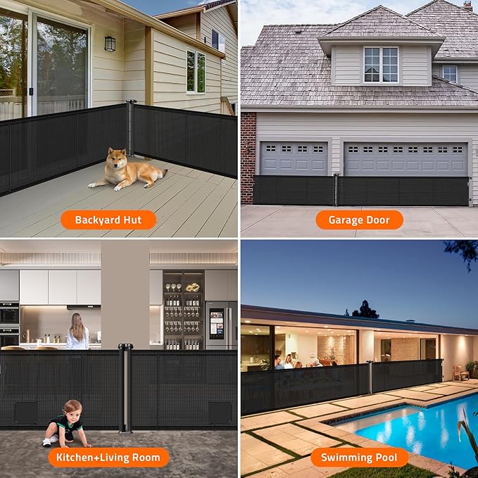 2-in-1 Retractable Baby Gates, 41" Tall Mesh Dog Gate with Cat Door 2-Pack, One Side Up to 200" Wide, Total 400" Wide, Long Retractable Pet Gate for Yard Swimming Pool Garage Indoor Outdoor-Black