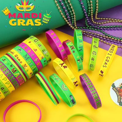 JUNEBRUSHS 24Pcs Mardi Gras Silicone Rubber Wristbands Bracelets for Mardi Gras Carnival Birthday Party Favors Supplies Decorations Goodie Bag Stuff Fillers (8 Designs)