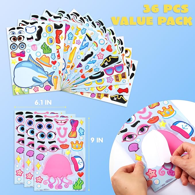 JOYIN 36 Pcs 9"x6" Sea Animals Make a face Stickers for Kids, Make Your Own Ocean Animals Sticker Sheets, Party Favors Kids Crafts, Goodie Bags Stuffers, Classroom Rewards