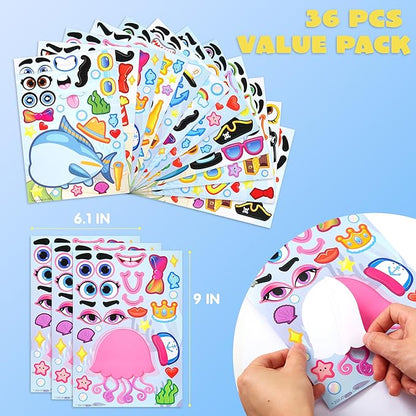 JOYIN 36 Pcs 9"x6" Sea Animals Make a face Stickers for Kids, Make Your Own Ocean Animals Sticker Sheets, Party Favors Kids Crafts, Goodie Bags Stuffers, Classroom Rewards