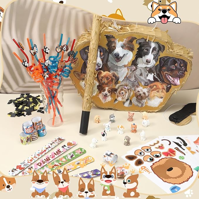 Syhood 52 Pcs Dog Party Favors for Kids Set Dog Piñata for Birthday Party Include Piñata Stick Blindfold Mask Confetti 12 Slap Bracelets 12 Dog Figures Dog 12 Sheets Sticker 12 Straws for Girl Boy