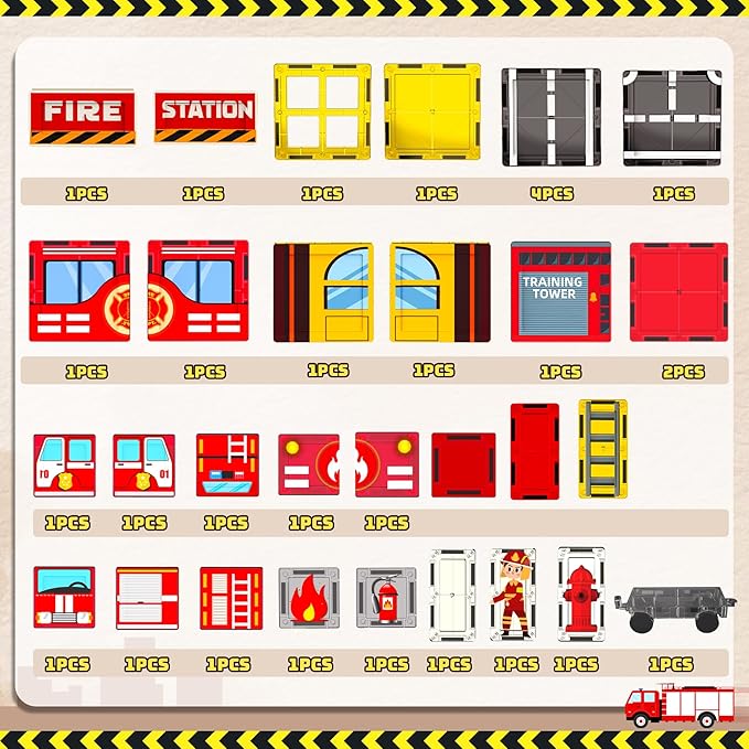 Fire Station Magnetic Tiles for Kids, Building Toys for Kids Ages 4-8 with Fire Truck, Firemen, Road Magnet Tiles. STEM Magnetic Blocks for Kids Ages 4-8, Building Toys for 4+ Year Old Boys Gifts