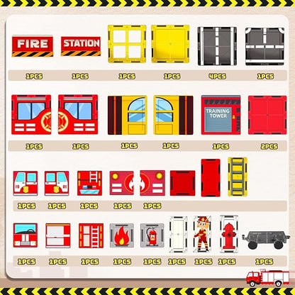 Fire Station Magnetic Tiles for Kids, Building Toys for Kids Ages 4-8 with Fire Truck, Firemen, Road Magnet Tiles. STEM Magnetic Blocks for Kids Ages 4-8, Building Toys for 4+ Year Old Boys Gifts