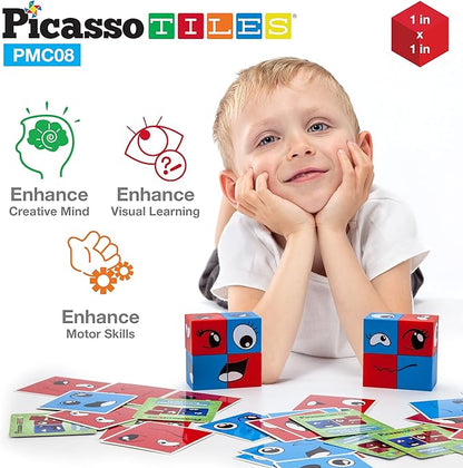 PicassoTiles Magnetic Expression Puzzle Toy Building Block Mix & Match Cubes Cubes Magnet Sensory Toys Pre-School Gifts Educational STEM Learning Kit for Kid, Baby Toddler Age 3 and Up 8 Pieces PMC08