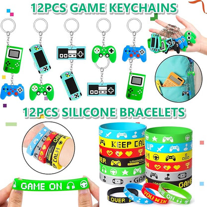 146Pcs Video Game Party Favors Birthday Supplies, Cup VIP Pass with Lanyard Straw Silicone Bracelet Keychain Stamper Tattoo Sticker Kids Gamer Birthday Party Favors Gaming Game On Goodies Bags
