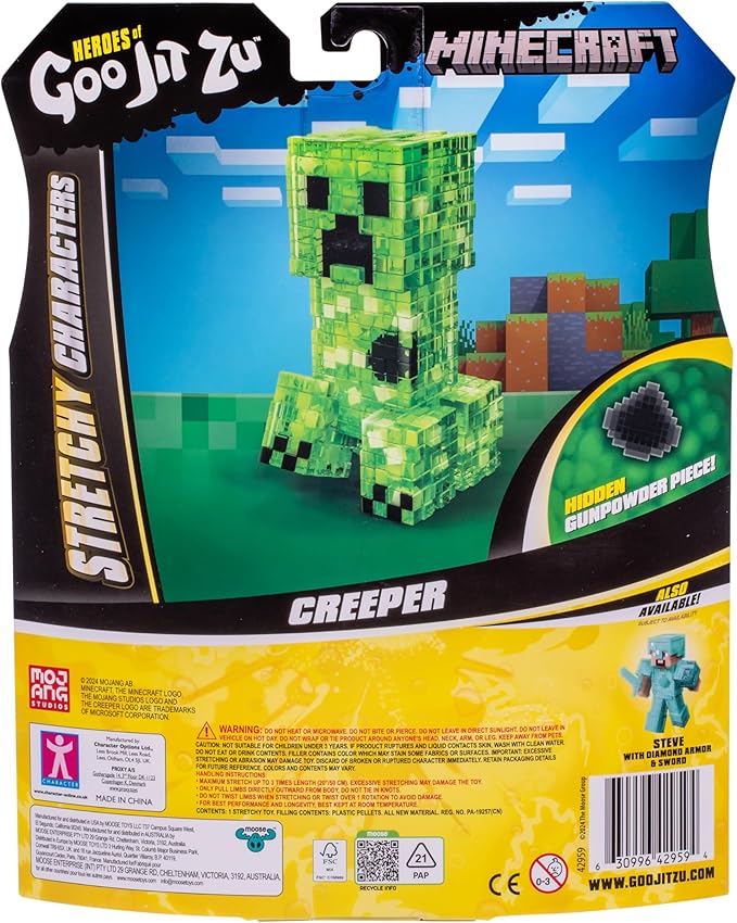Heroes of Goo Jit Zu Minecraft Stretchy Characters, Creeper, Super Crunchy Goo Filling with Hidden Gunpowder Piece Inside, Stretch Him Up to 3 Times His Size - Sensory Toys
