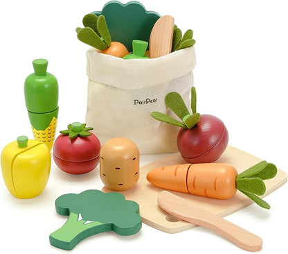 PairPear Wooden Toys Play Food Sets for Kids Kitchen, Kids Toy Food Cutting Vegetables Set for Toddlers 3+ Years Old, Pretend Food Play Kitchen Accessories for Girls and Boys