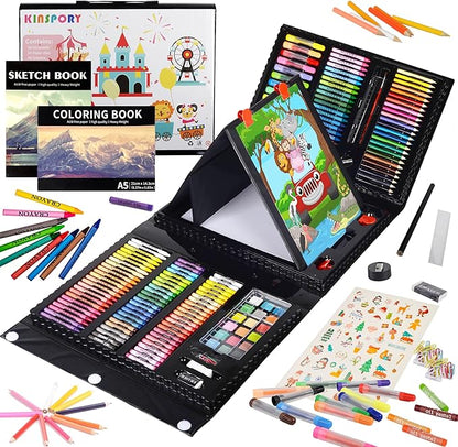 KINSPORY Art Kit, 290 Pack Art Sets Crafts Drawing Coloring kit, Double-Side Trifold Easel, Oil Pastels, Crayons, Colored Pencils, Creative Gift for Beginners Artists Girls Boys Kids (Black)