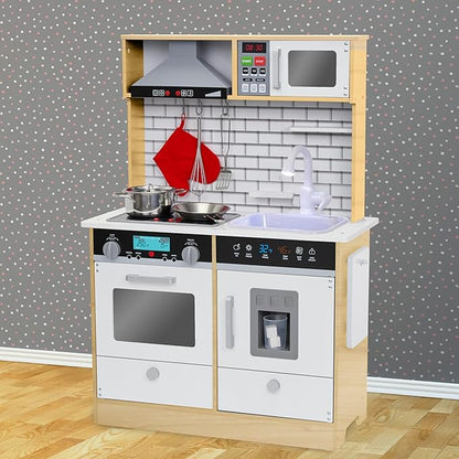 Lil' Jumbl Kids Natural Small Kitchen Set, Pretend Wooden Play Kitchen, Includes Range Hood, Microwave, Stove Top, Oven That Make Realistic Sound & Light, Pots, Pan, Cutting Board & Utensils Included,
