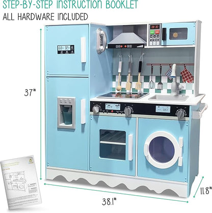 Lil’ Jumbl Kids Blue Kitchen Set, Pretend Wooden Play Kitchen, Battery Operated Icemaker, Microwave, Range Hood, Stove Top, Oven, with Realistic Sound & Lights, Pots, Pan, & Utensils Included