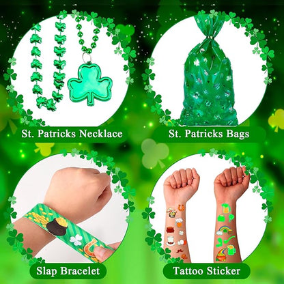 St. Patrick's Day Party Accessories Favor Set Including Luminous Tattoo Stickers, Necklaces, Slap Bracelets, Shamrock Coins, Keychains, Gift Bags for St. Patrick Irish Party Supplies Favors Decor