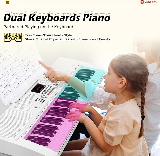 Vangoa Piano Keyboard for Beginners, VGK6101 61 Key Learning Keyboard Piano w/Lighted Keys, Electric Piano Keyboard with 600 Voices & 50 Demos, Stand/Microphone, USB, Record, Split for Students