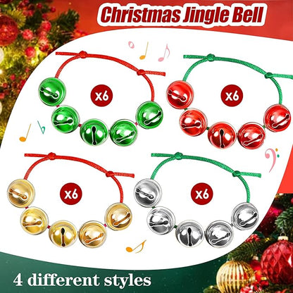 Cooraby 24 Pieces Assorted Colors Christmas Jingle Bell Bracelets Adjustable Christmas Bracelets with Metal Bells for Holiday Party Favors