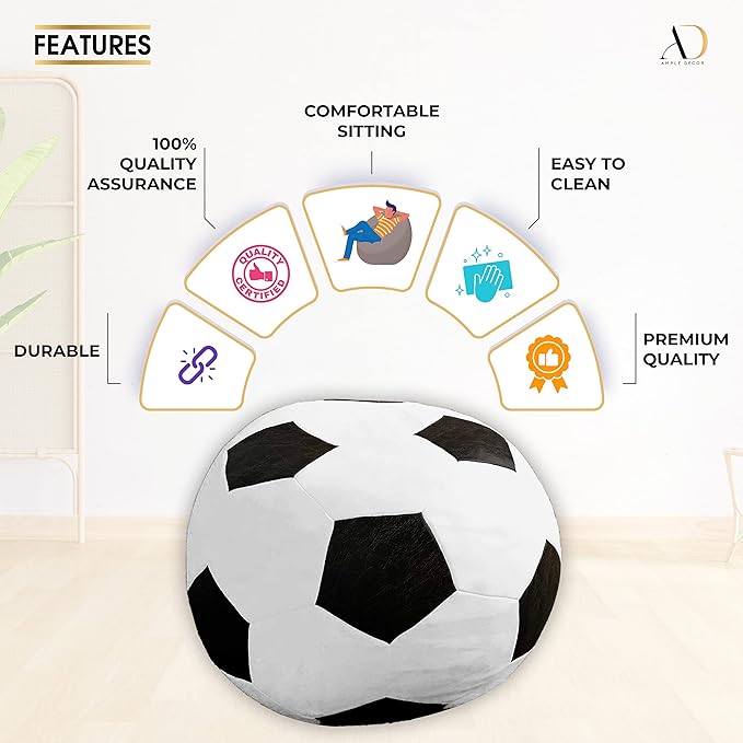 Ample Decor Soccer Bean Bag Cover (Filler Not Included), Leatherette Durable Double Stitched Material Sturdy Zippers, Ideal for Children and Teenagers - White and Black