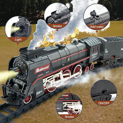 Train Set with More Tracks & Carriages, Luxury Train Toys with Smoke, Light and Sound, Christmas Train Sets for Around The Tree, Toy Train Set for 3 4 5 6 7 8+ Years Old Boys Toddlers Gifts