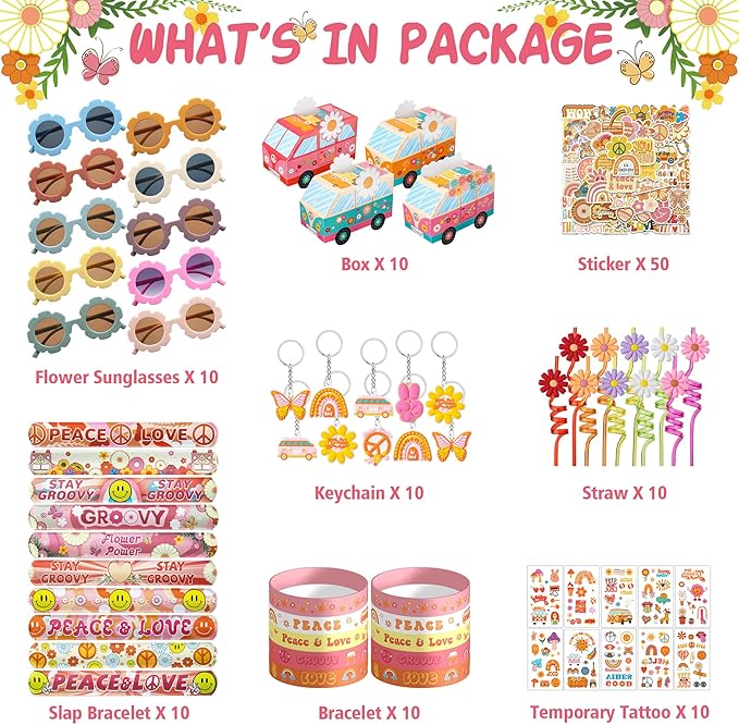 120PCS Groovy Party Favors,Includes Bus Boxes Retro Flower Sunglasses Temporary Tattoos Stickers Slap Bracelets Keychains Plastic Straws Silicone Bracelets For Boho Hippie Birthday Party