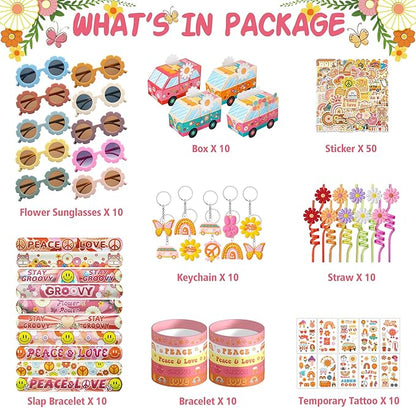 120PCS Groovy Party Favors,Includes Bus Boxes Retro Flower Sunglasses Temporary Tattoos Stickers Slap Bracelets Keychains Plastic Straws Silicone Bracelets For Boho Hippie Birthday Party