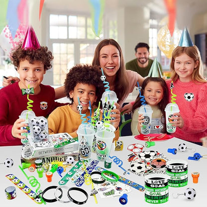 Cinrobiye 146 Pcs Soccer Party Favors, Sports Party Supplies with Cup Straw Soccer Keychain Tattoo Sticker Slap Bracelet Whistle Treat Bag Gifts for Classroom Rewards Soccer Birthday Party (Soccer)