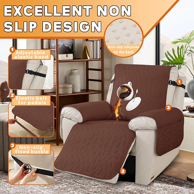 XINEAGE 100% Waterproof Recliner Chair Covers with Elastic Straps, Nonslip Reclining Couch Covers Washable Recliner Couch Cover with Pockets Furniture Protector for Pets Dogs (Coffee, 30")